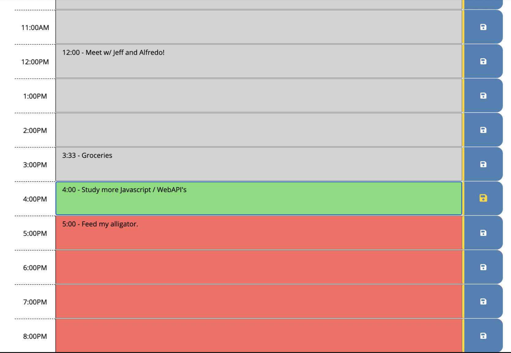 A screenshot of a day-planner web-application