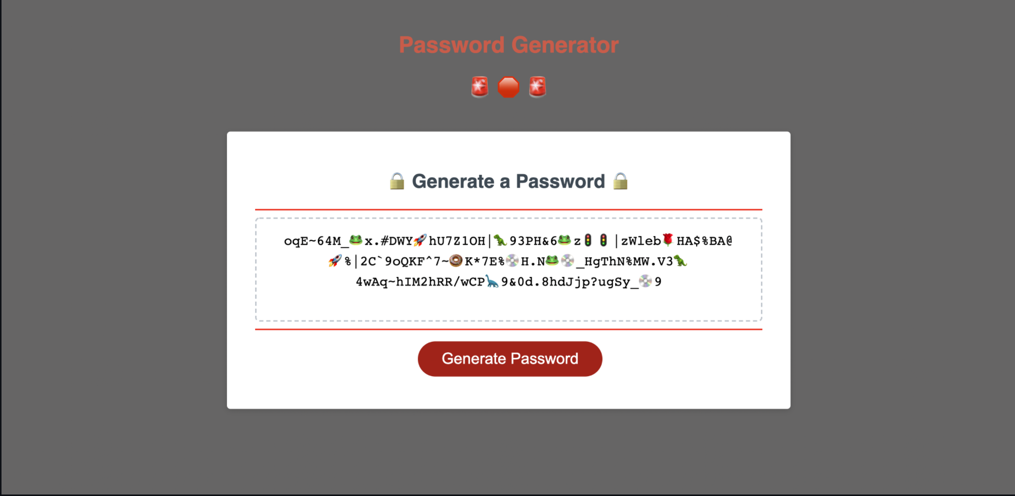 A screenshot of password generator for a web-development assignment